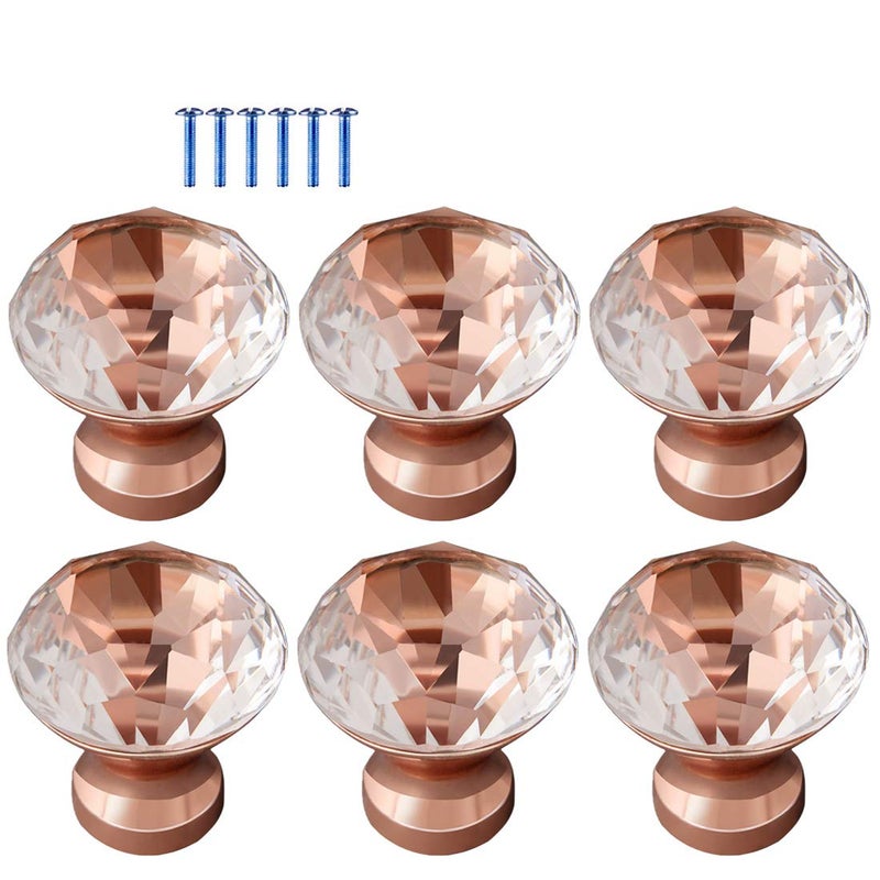 HMANE 6Pcs European Style Cabinet Knobs Zinc Alloy Glass Handles Drawer Cupboard Pull Handle with Screw - Rose Gold - Image 1